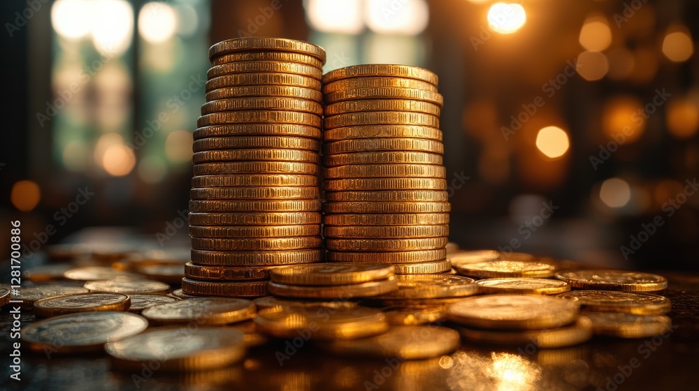 Poster stacks of shiny gold coins glimmering in soft light, creating a warm atmosphere in a cozy setting
