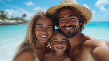 Obraz premium A family taking a selfie at the beach, smiling to the camera, mobile phone-like landscape photo. The happy family concept.