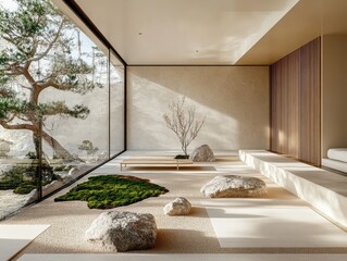 A Minimalist Interior with Rock Garden and Big Windows