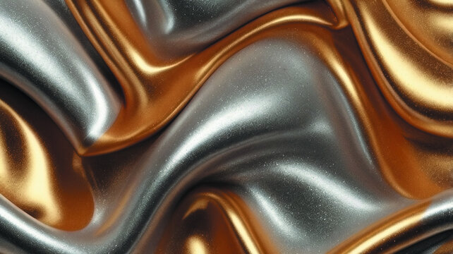 Abstract metallic texture with fluid 3D waves in gold and silver colors, smooth flowing surface with glossy reflections, luxury background design resembling molten metal or satin fabric folds - Powered by Adobe