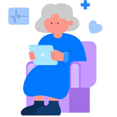 senior woman consulting a doctor online on her tablet, telemedicine flat vector illustration