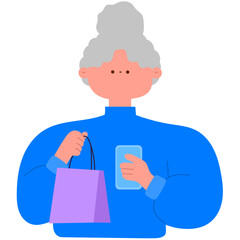 elderly woman shopping with smartphone and bag, online shopping flat vector illustration
