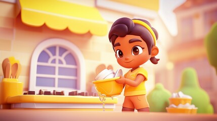 A Black teen helping clean the kitchen Pastel colored 3D cartoon style illustration.