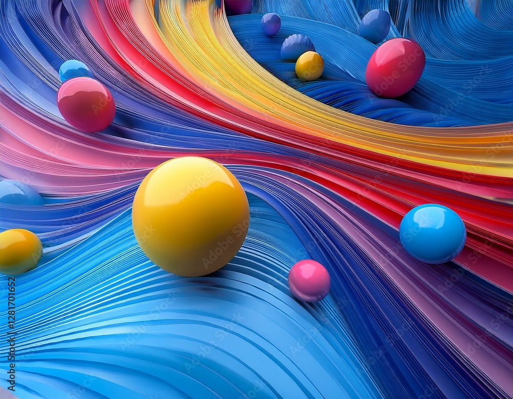 Poster a vibrant abstract scene featuring wavy blue pathways adorned with colorful spheres in yellow pink a