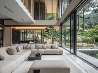 Fototapeta premium A modern living space with a focus on outdoor landscape