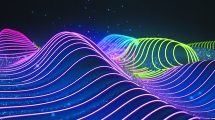 Abstract 3D landscape of glowing neon wave lines in vibrant purple, pink, blue and green tones on dark background, futuristic digital terrain with curved light paths and dynamic energy flow