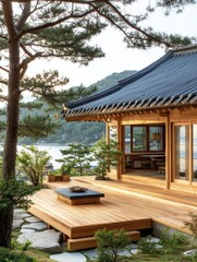 This Japanese style building has a wooden deck for tea ceremonies