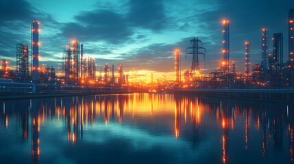 Naklejka premium Illuminated refinery at sunset, reflecting in calm water, industrial landscape