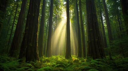 Sunlight Filtering Through Dense Green Rainforest Trees