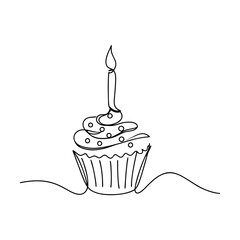 Single Line Drawing of Delicious Birthday Cupcake with Candle