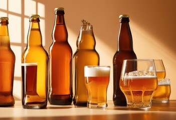 minimalist close view diverse array beer bottles glasses creating vibrant yet simple aesthetic, amber, ale, beverage, bubbles, bottling, brewing, cap
