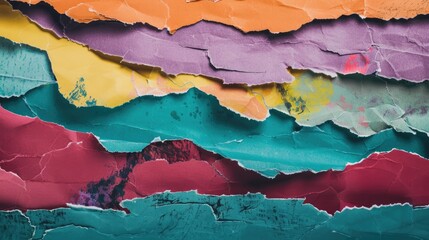 Obraz premium Old torn paper striped layers on grunge wall with peeling colorful posters abstract texture background