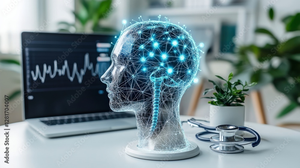 Poster futuristic digital brain model showcasing neural connections in a modern workspace with medical elem