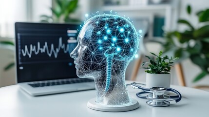 Futuristic digital brain model showcasing neural connections in a modern workspace with medical elements