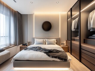 The bedroom has a bed and a walk in closet