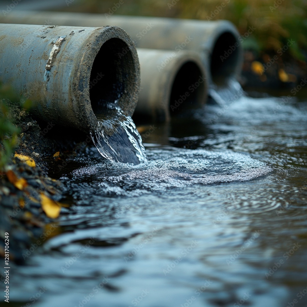 Poster concrete pipes discharging water into a stream creating ripples and movement in a natural setting en