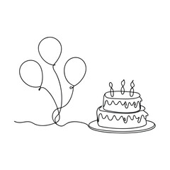 Oneline drawing birthday cake three balloons celebration party