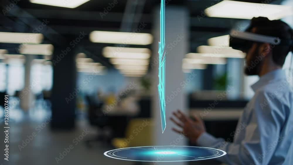 Poster Architect wearing vr headset interacts with a holographic projection of a building, rotating and examining it in a modern office environment, the scene is presented in slow motion