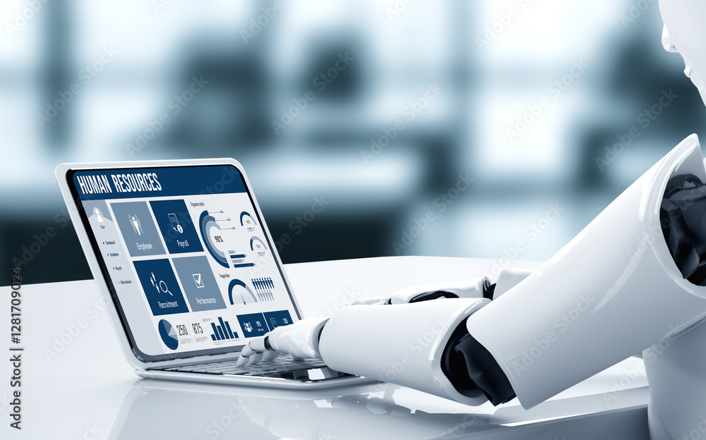 Poster human resources management software on computer screen helping human resources employee to manage re