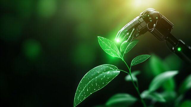 A robotic hand gently interacts with a vibrant green plant, showcasing futuristic agriculture and technological advancements.