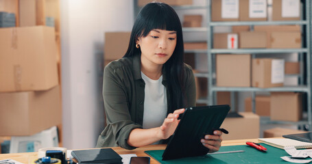 Tablet, schedule and shipping with Asian woman in warehouse for logistics route, customer rating or...