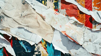 Fototapeta premium Old torn paper striped layers on grunge wall with peeling colorful posters abstract texture background