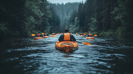 Kayakers paddle down a river in a forest.  Adventure tourism imagery