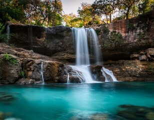 Obraz premium serene waterfall oasis crystal clear water cascades down rocky cliffs into a tranquil pool creating a picturesque and serene landscape