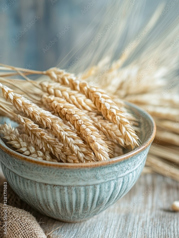 Aufkleber dried wheat stalks arranged in a rustic bowl on a wooden surface with natural lighting. generative a