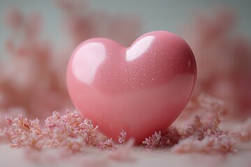 Fototapeta premium Romantic still life with a smooth pink heart shape surrounded by delicate pink flowers symbolizing love and affection