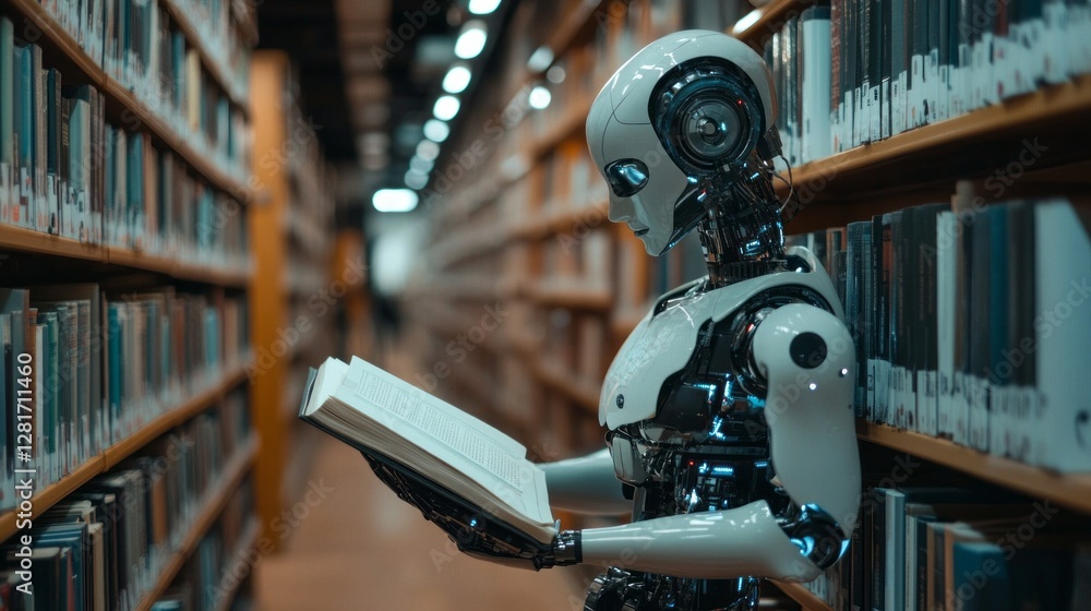 Poster in a tranquil library filled with towering shelves, a robot is deeply engaged in reading a book.