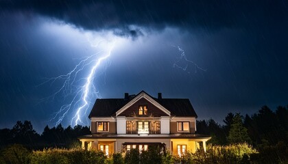 house illuminated during a dramatic thunderstorm at night with heavy rain and lightning strikes