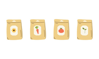 Vegetable or flower seeds packages collection. Isolated on white background. Clipart cartoon style. Packs of plant seeds.