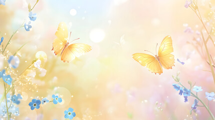 Beautiful spring background with yellow butterflies and forget-me-not flowers on a blurred, sunny nature backdrop
