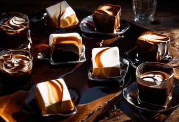 close view melting ice cubes dripping richly dark coffee capturing glaze textures cold hot elements mixing together, beverage, drink, brew, cup, glass, liquid