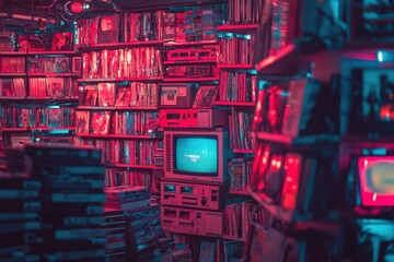 Floating video rental shop showcases thousands of neon-lit VHS tapes and retro technology in a dreamlike setting