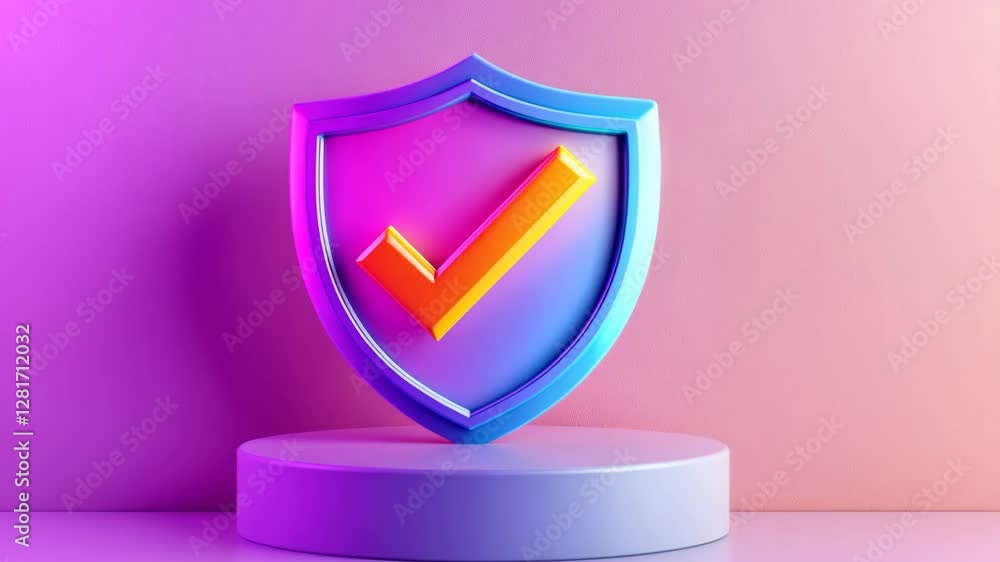 Poster colorful shield with a checkmark symbolizing security and trust displayed on a circular platform