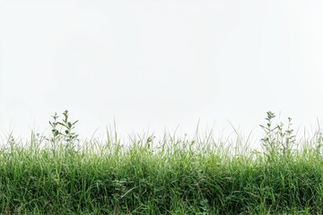 Fototapeta premium Lush green grass and vibrant foliage against a stark white backdrop creating a serene and minimalist nature scene in bright daylight