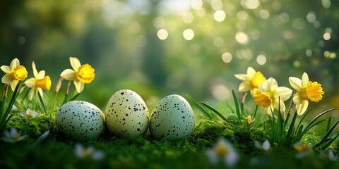 Fototapeta premium Eggs nestled among vibrant daffodils in a tranquil green garden at dawn