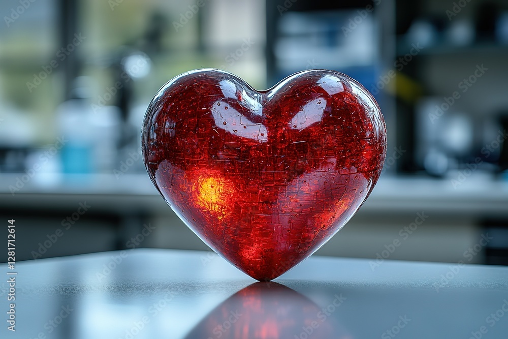 Aufkleber a shiny ornate red heart sits on a table glowing from within against a blurred neutral background