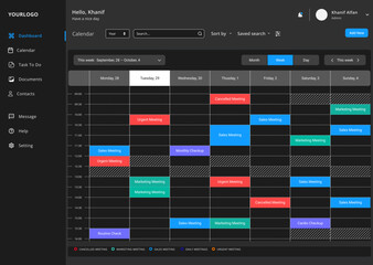 Weekly Calendar View, Plan Week Task & Event Agenda & Schedule Black Dashboard CMS UI Kit Template