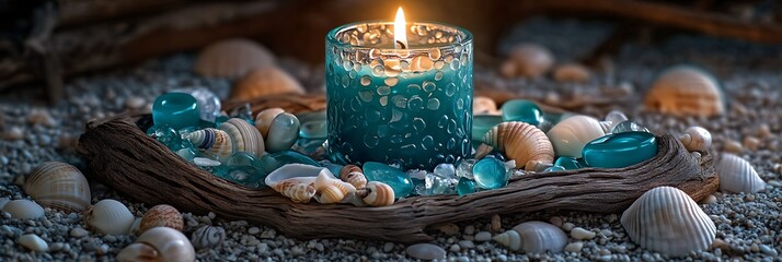 A teal candle surrounded by sea glass and shells placed on a coastal driftwood tray
