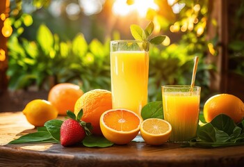 Fototapeta premium brightly colored glass freshly squeezed juice sitting rustic wooden table surrounded fresh fruits vibrant greenery, apple, orange, lemon, lime, strawberry