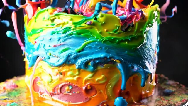 Colorful paint splashing on a rotating cake on a black background