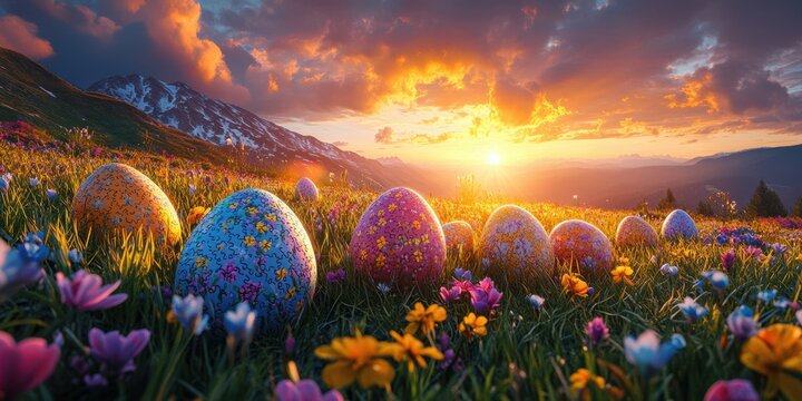 Colorful decorated eggs rest in a vibrant meadow during a stunning sunset in springtime