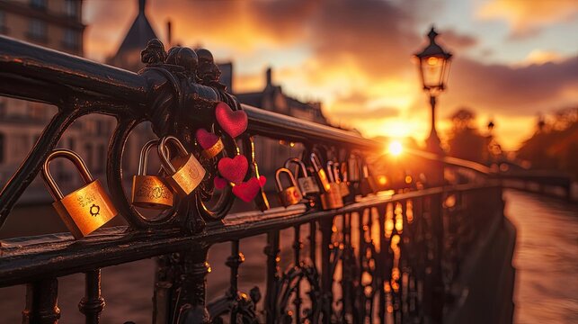 "Love locks on a bridge at sunset