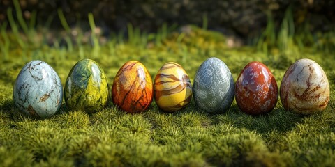 Colorful decorative eggs arranged in a row on vibrant green grass during springtime