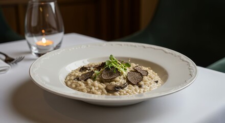 Elegant Truffle Risotto with Mushrooms and Fresh Herbs on White Table