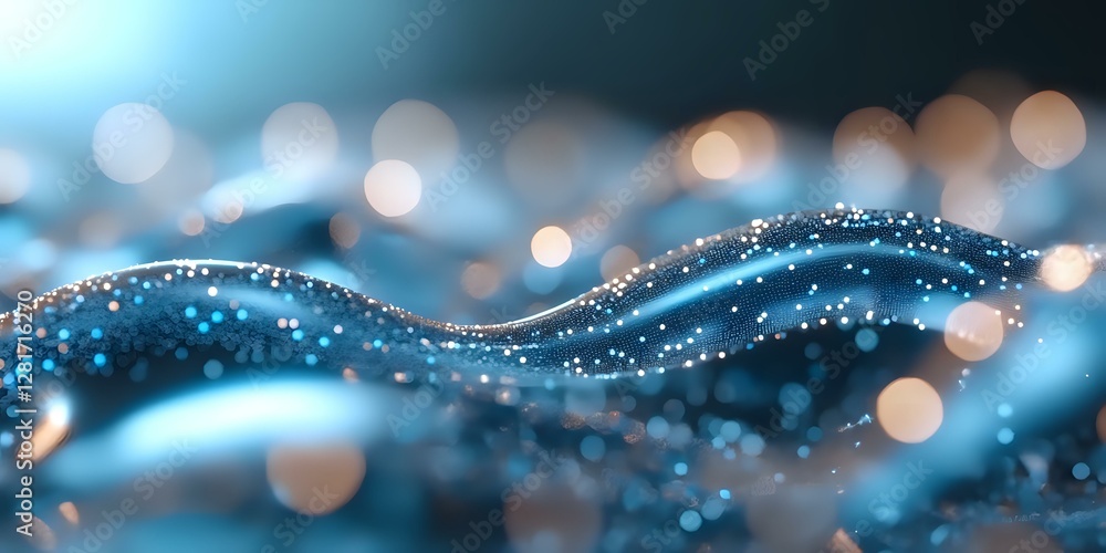 Poster magical blue waves with glowing particles and bokeh lights create dreamy abstract background for lux