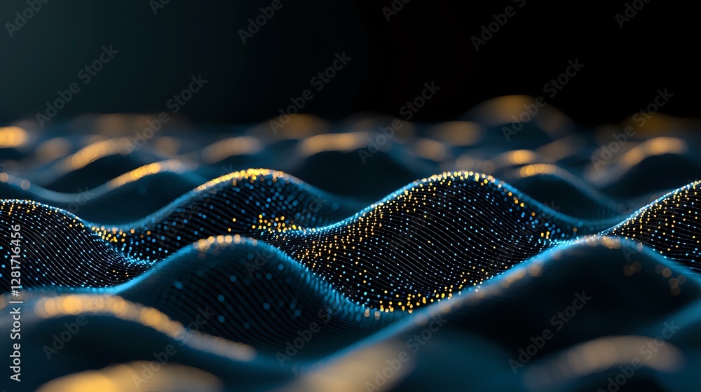 Poster glowing digital waves with golden particles on dark background create futuristic technology landscap